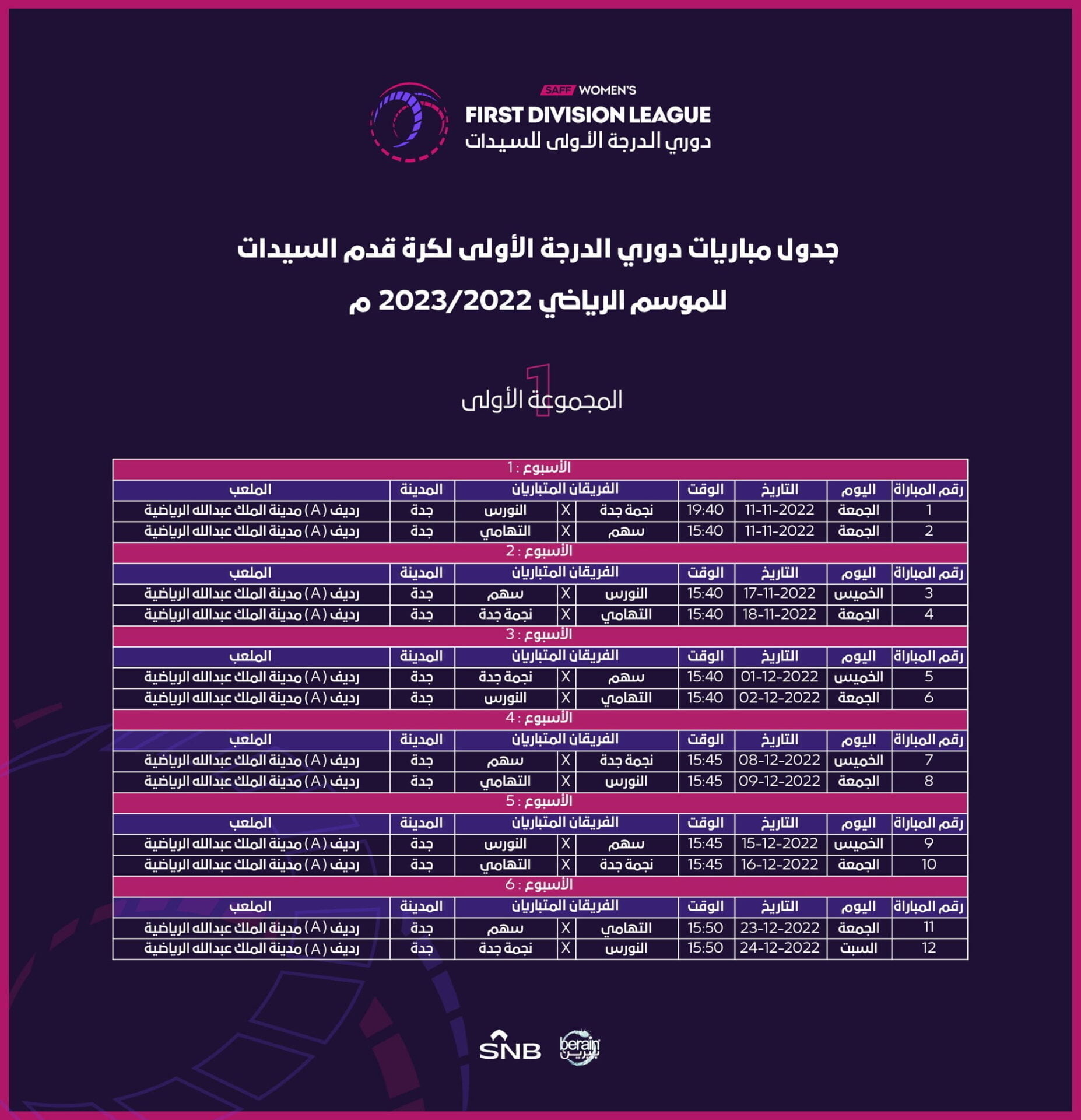 جدول مواعيد دوري الدرجة الأولى السعودي للسيدات